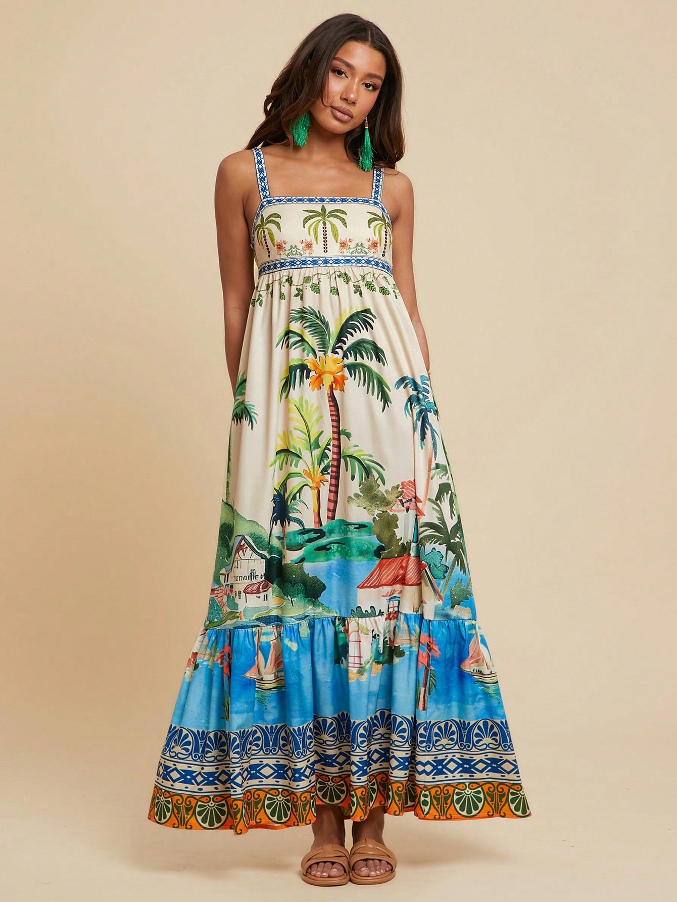 Travachic Women's Beige Summer Boho Tropical Beach Vacation Tropical Print Spaghetti Strap Maxi Dress,Ruffled Hem Bohemian Western Style Ibiza Concert Outfits