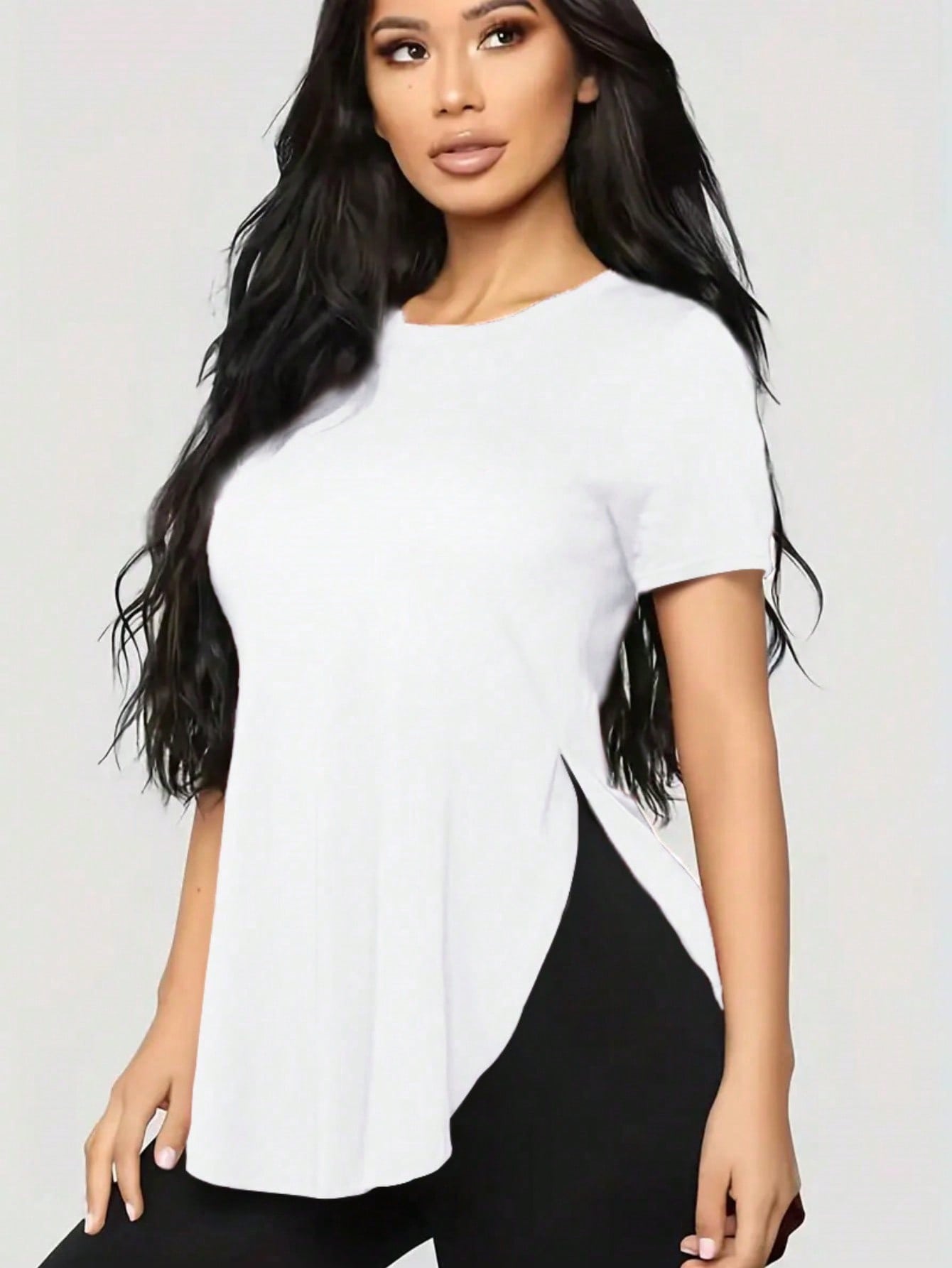 Trioutop Loose Fit Side Slit Round Neck Casual T-Shirt White Summer
