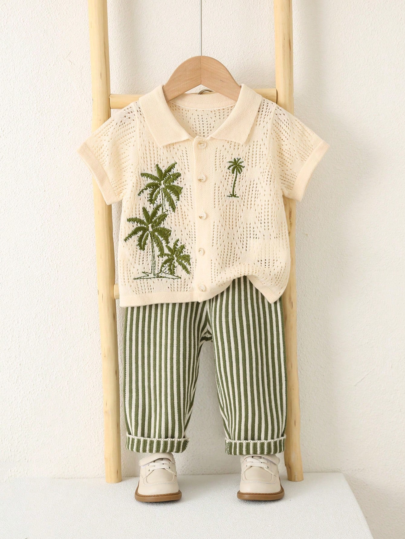Unisex Baby/Baby Boy 2pcs Casual Cute Vacation Style Knit Short Sleeve Cardigan And Pants Set, Baby Boy Outfit Sets, Baby Boy Summer Clothes