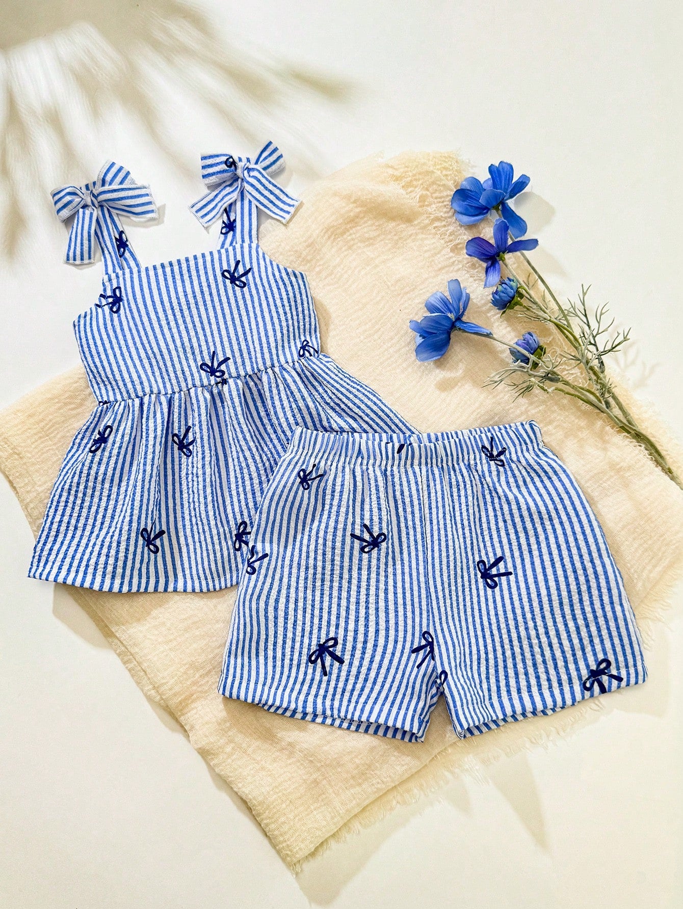 Vintaside Kids 2pcs/Set Baby/Toddler Girls' Casual Daily Cute Stripe Bow Decor Camisole Top + Shorts Set, Spring & Summer