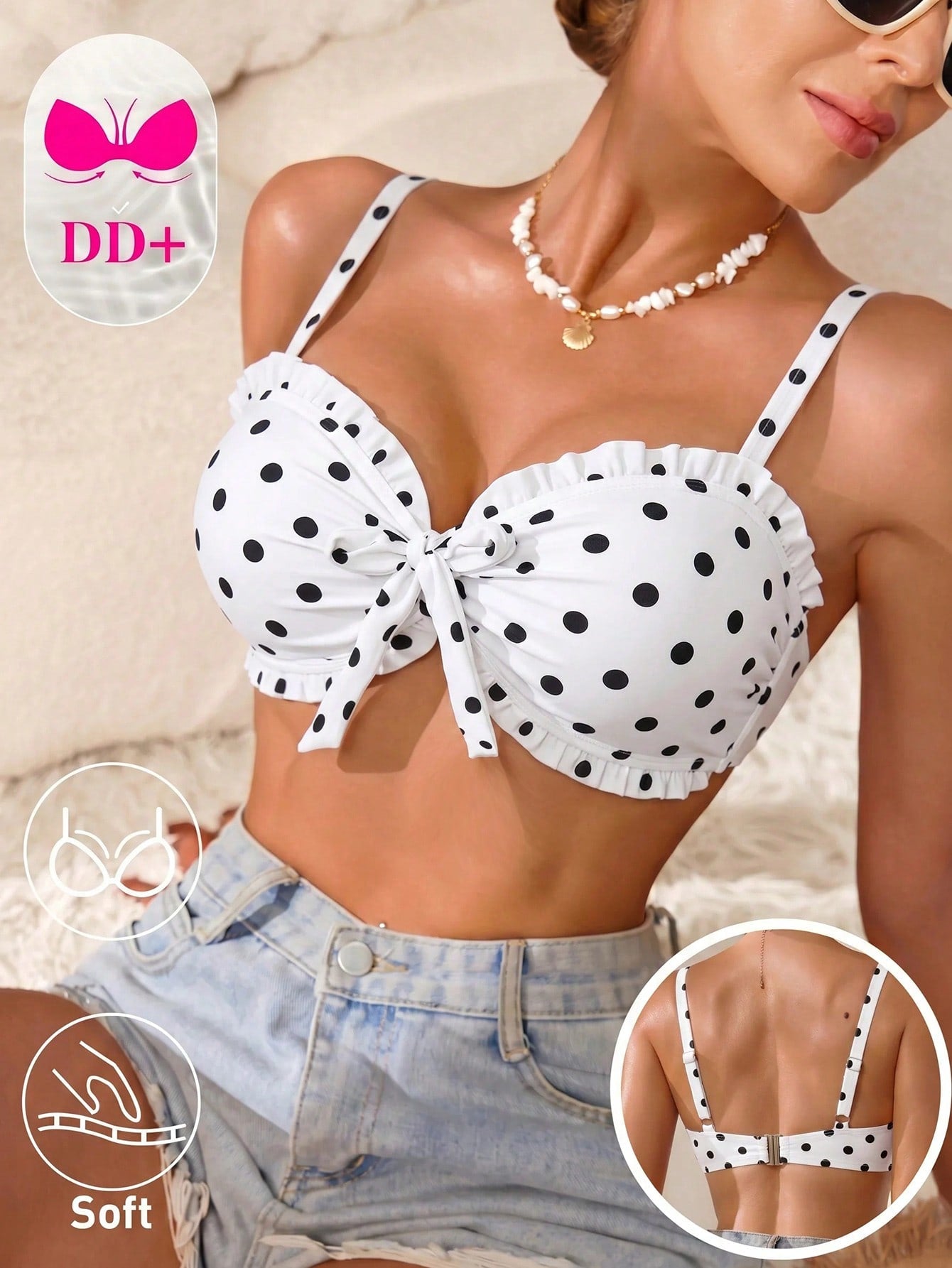 Voyashape 2026 Spring/Summer New White With Black Polka Dots Ruffle Bow Tie Decor Women's Bikini Top Fashion Slimming Cute 1950s Vintage Elegant Sexy Beach