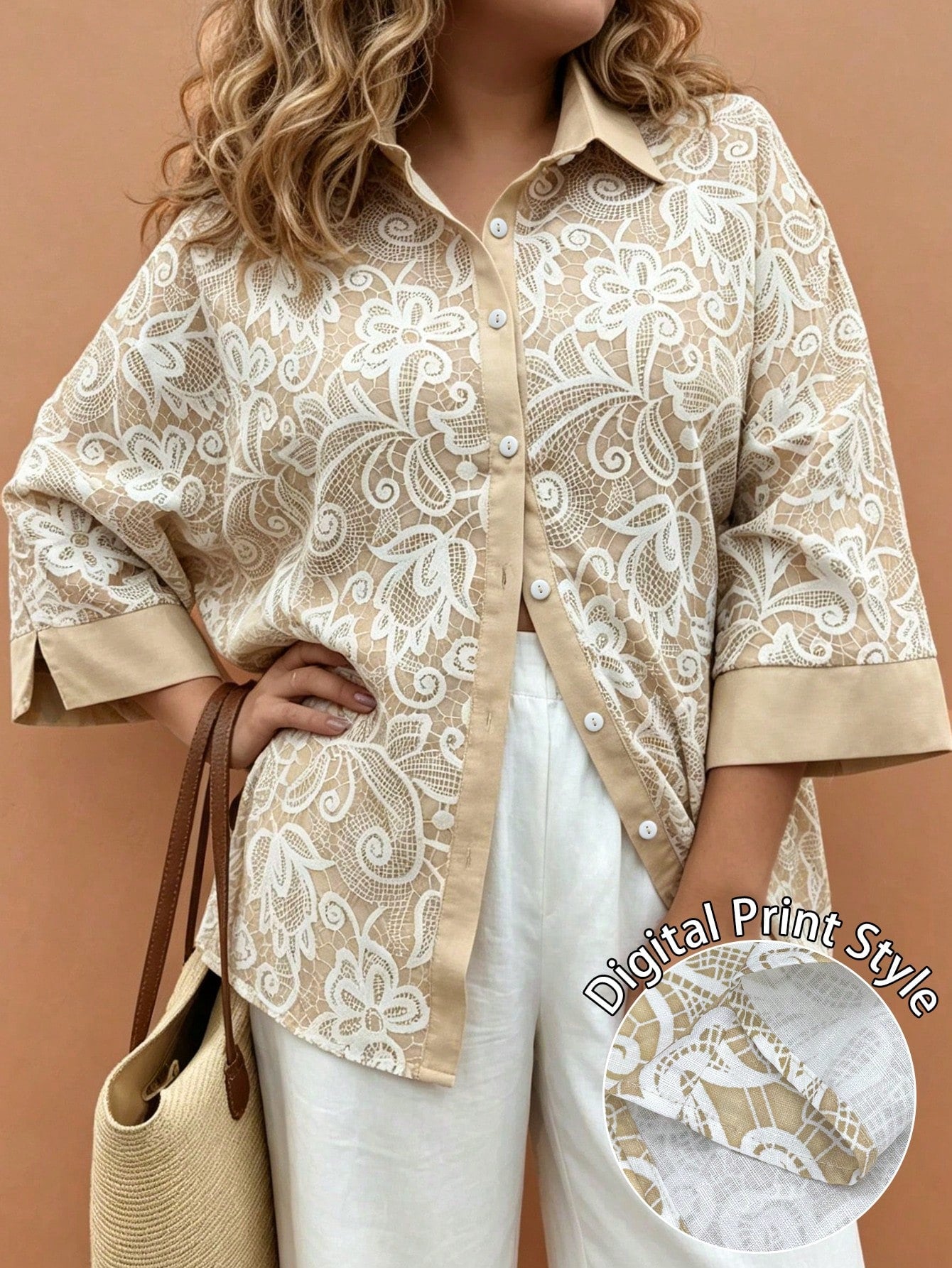 Weeklong Women's Plus Size Casual Versatile Vintage Elegant Lace Style Random Print Lapel 3/4 Sleeve Loose Fit Blouse, Suitable For Spring And Summer Fall