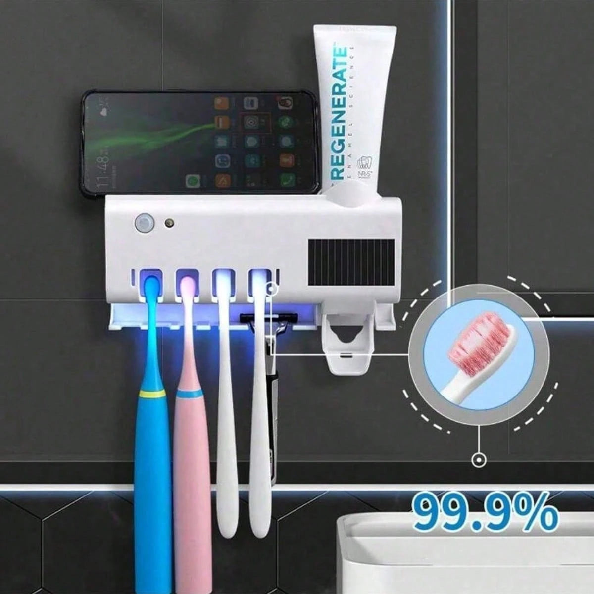 Wireless Wall-Mounted Toothbrush Holder, Ultraviolet Sterilizer, Wall-Mounted 4-Slot Toothbrush Intelligent Disinfection Toothpaste Dispenser, Solar Panel Toothbrush Wall-Mounted Bracket, Intelligent