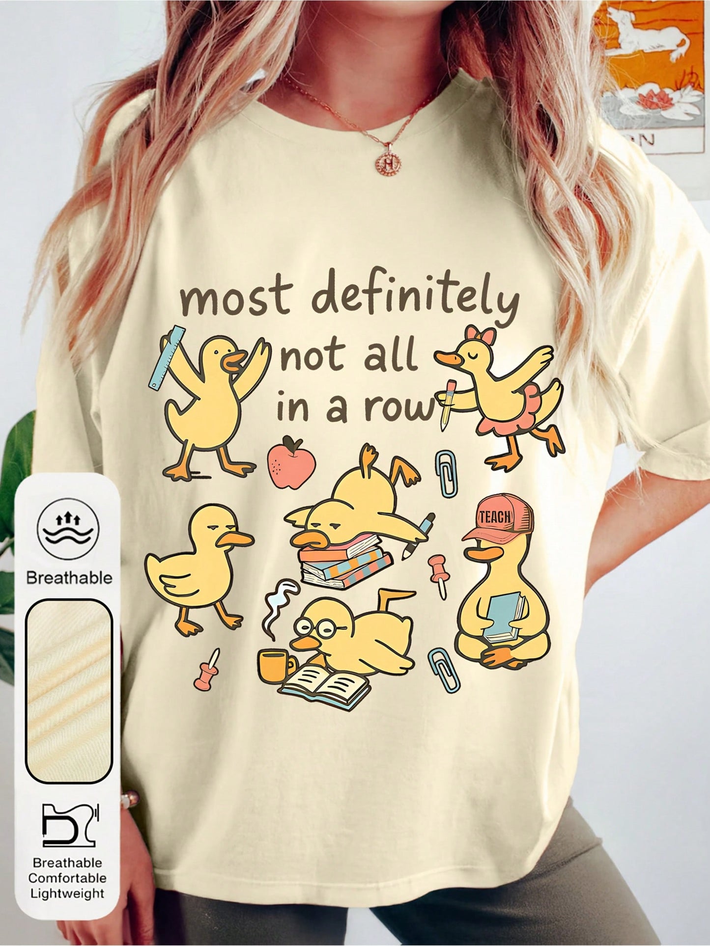 Women's Cute Duck And "Row Of Ducks" Slogan T-Shirt- Sleeve Round Neck Top-Breathable Summer Casual Wear, Suitable For Teachers, Events