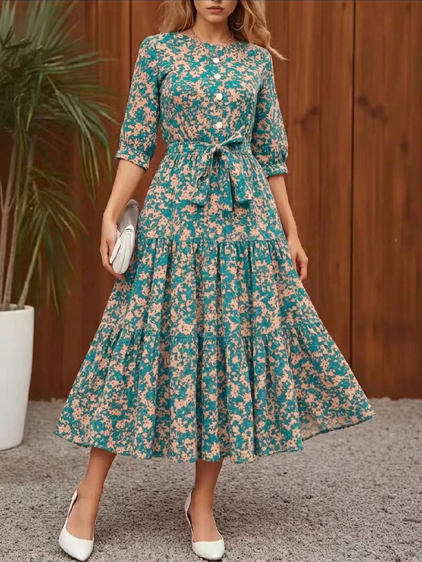 Women's Floral Print Casual Party Woven Fabric Dress With Ruffle Hem, Waist Belt, Pockets, Suitable For Vacation, Beach, Evening Date, Wedding, Office, Elegant Leisure, Spring & Autumn