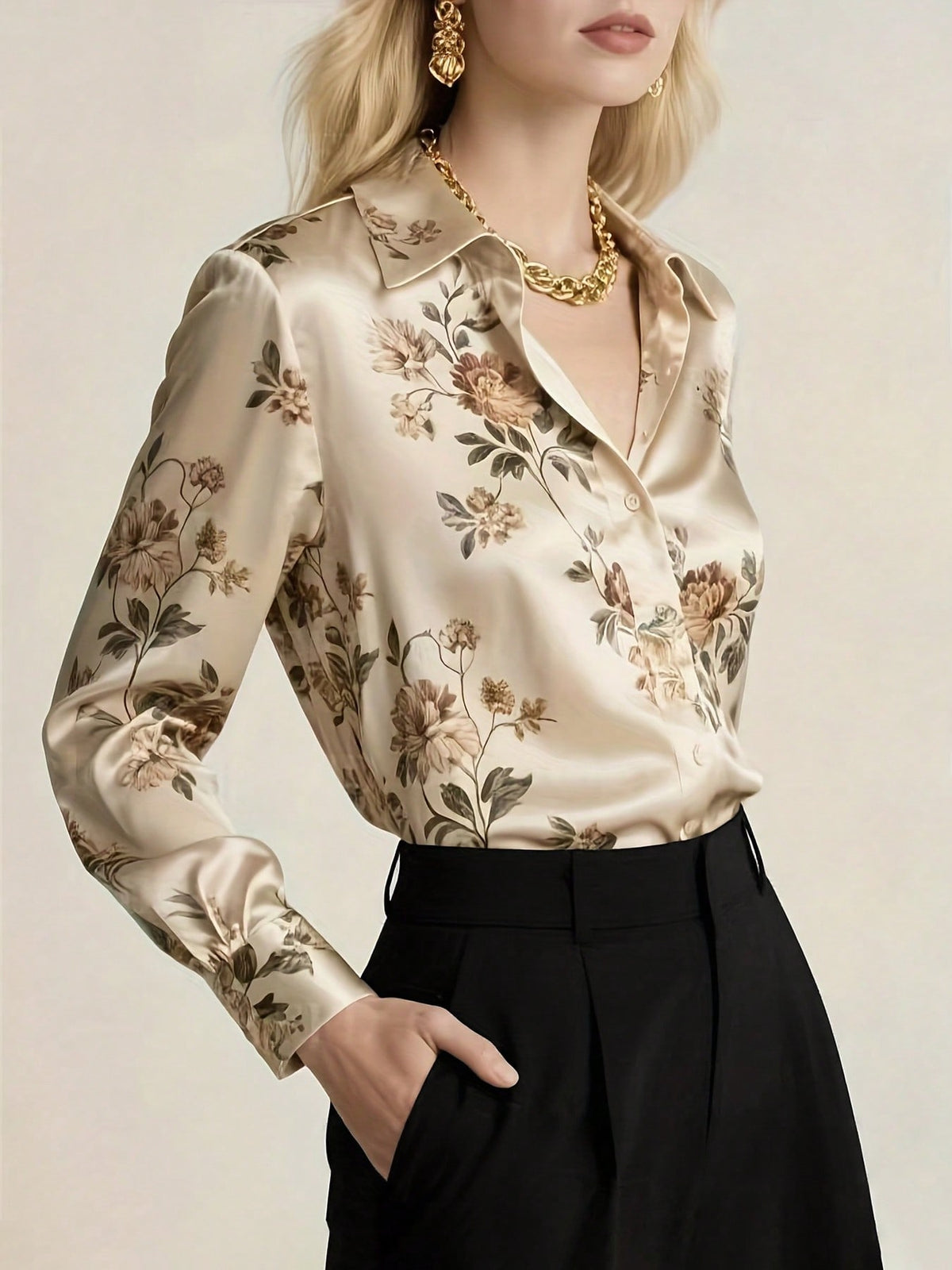 Women's Satin Floral Print Long Sleeve Elegant Front Button Shirt Spring Vacation
