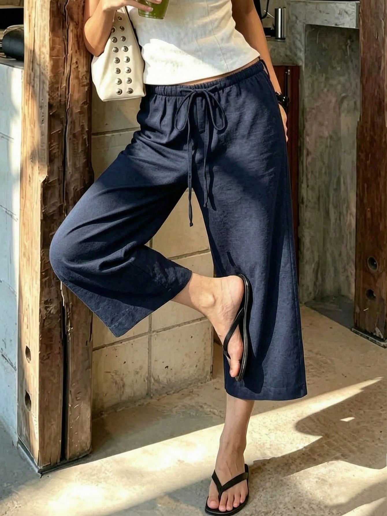 Women's Summer Loose High Waist Drawstring Casual Pants, Breathable Comfortable Wide Leg Capri Pants, Euro Summer