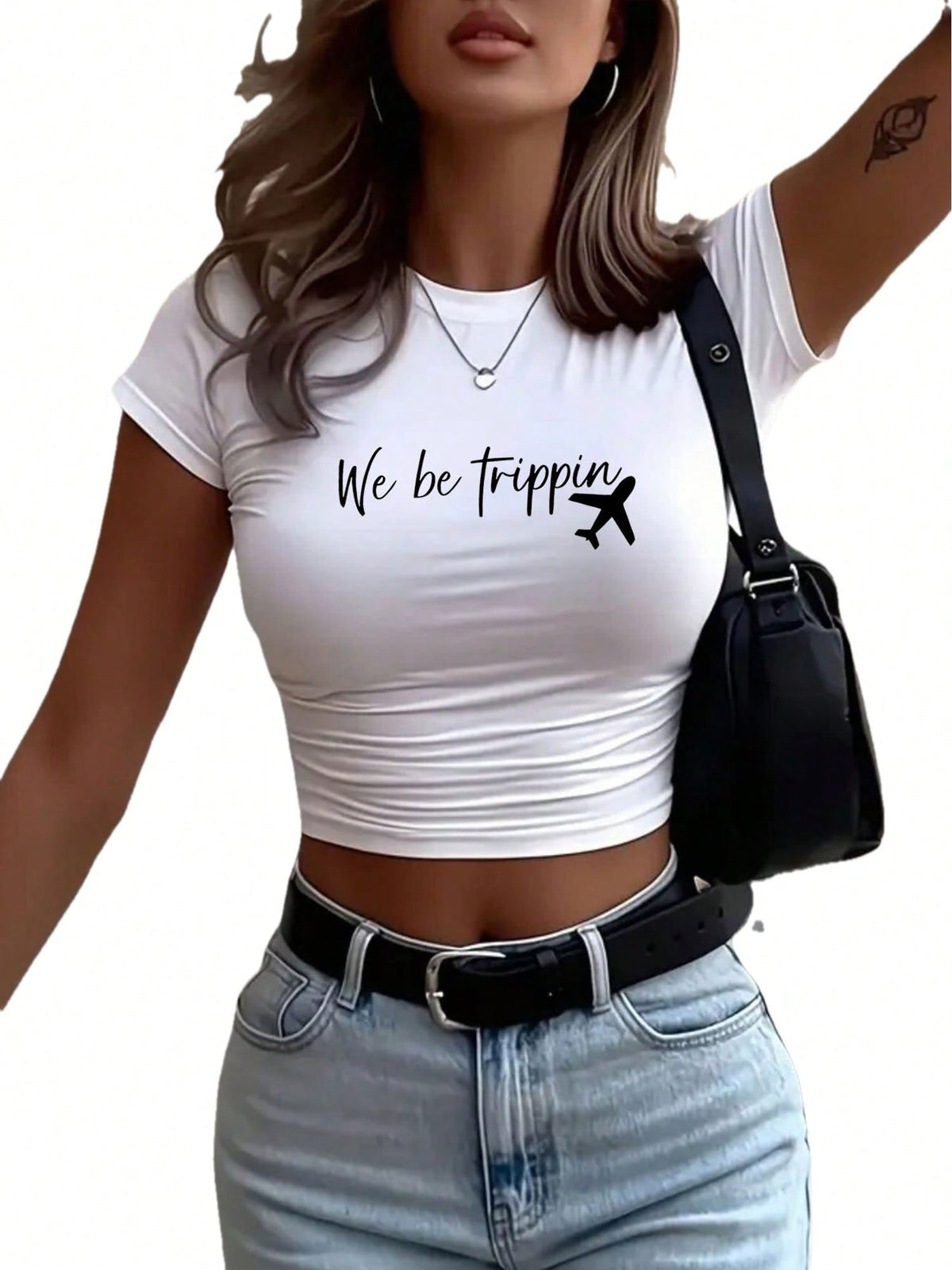 Women'S Y2K Style Crop Top T-Shirt With "We Be Trippin'" Graphic & Airplane Design- Slim Fit Short Sleeve, Breathable Lightweight Casual Tee, White W