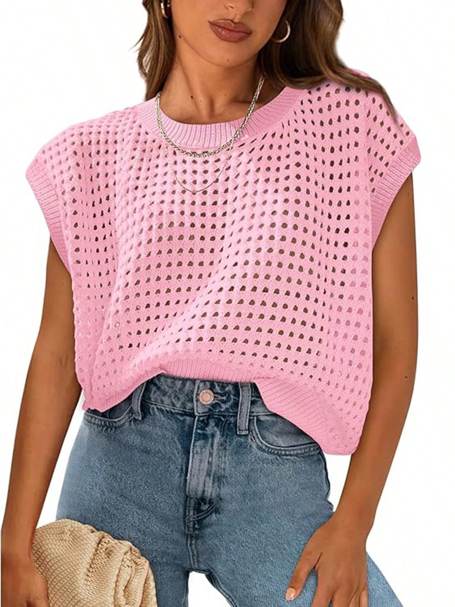 Womens Beach Cover Ups Summer Shirts Crochet Cap Sleeve Sweater Pullover Cute Crew Neck Hollow Out Spring Tops