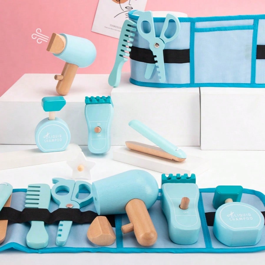 Wooden Barber Hair Salon Playset Toy, Realistic Hair Dryer, Comb, Scissors, Straightener, Clipper, Children's Hair Salon Role Play, Baby Career Experience, Early Education, Educational Toy, Parent-Chi