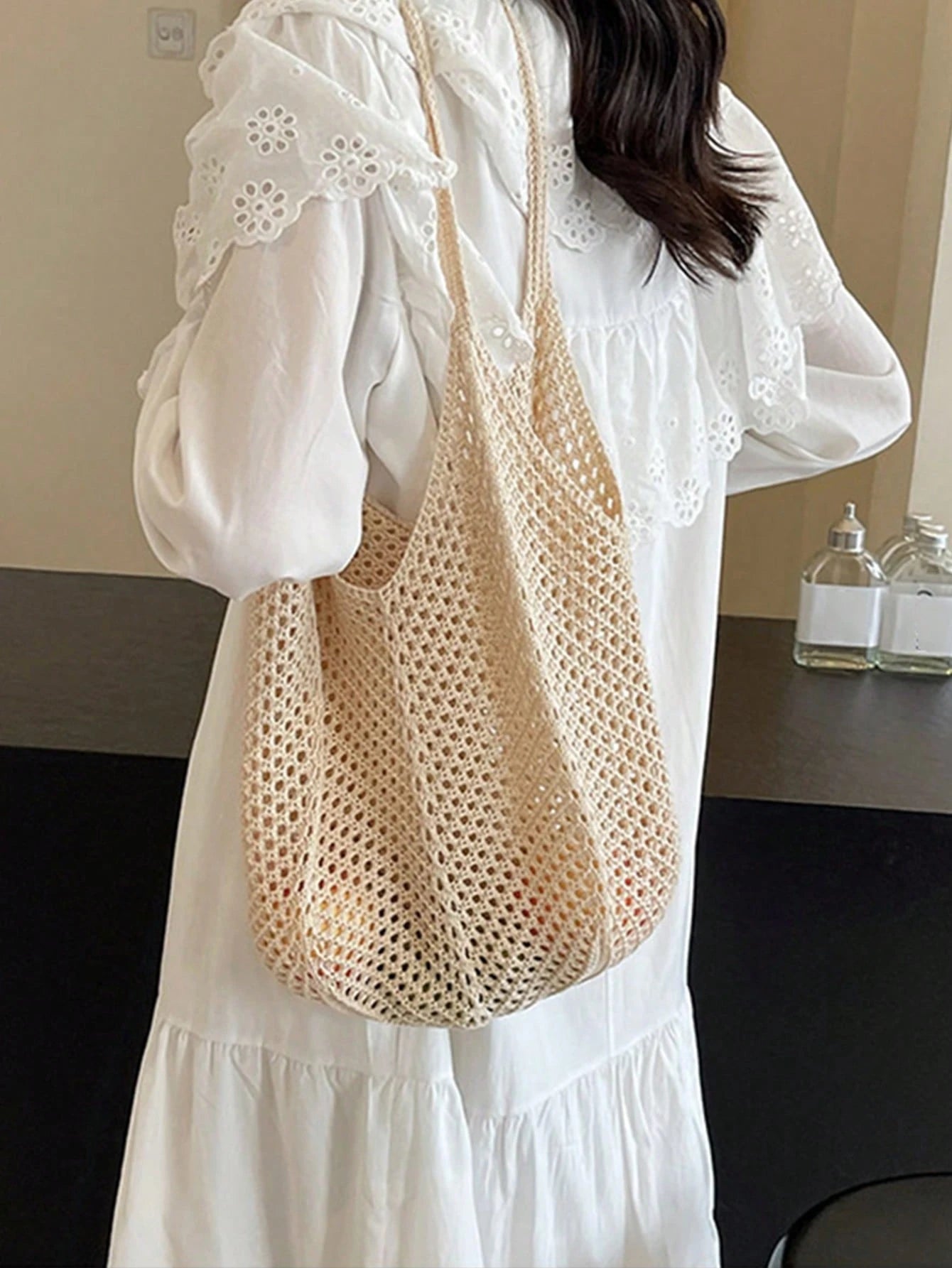 Yogodlns Women's Hollow Woven Shoulder Bag, Large Capacity Knitted Underarm Bag, Solid Color Crochet Handbag, Summer Mesh Beach Bag, Women's Knitted Shoulder Bag, Hollow Aesthetic Hobo Bag, Large Capa