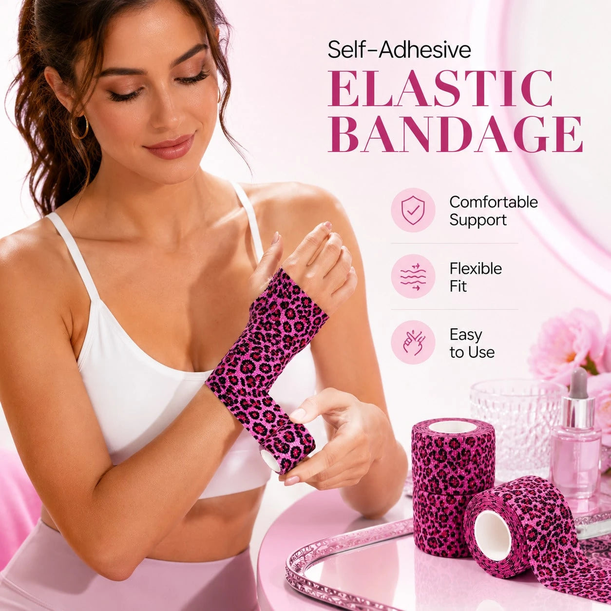 1-10pcs Pink Leopard Print Self-Adhesive Elastic Bandage, 5cm X 4.5m Self-Adhesive Wrap Tape, Suitable For Tattoo Grip, Wrist & Ankle Support And Sports Use