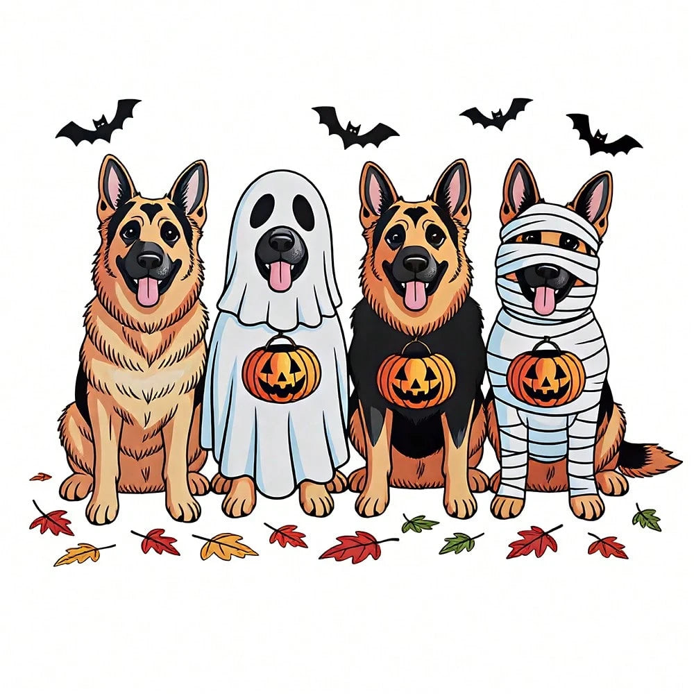 1/2/3PCS Durable Washable Heat Transfer Vinyl, 4 Styles German Shepherd Ghost Bandage Pumpkin Bat Autumn Leaf Halloween Cartoon Pattern, Heat Transfer Stickers, Iron-On Transfer Decals- Suitable For