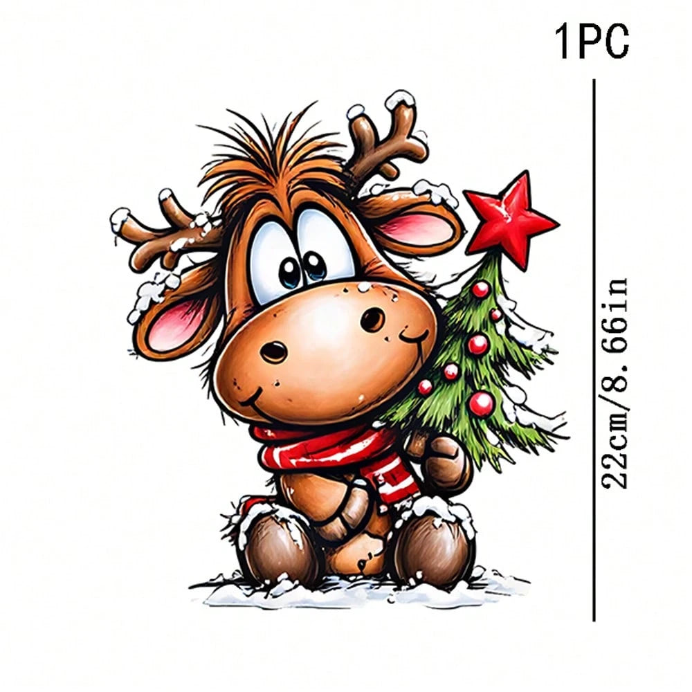 1/2/3PCS Durable Washable Heat Transfer Vinyl, Christmas Cartoon Red Scarf Reindeer Holding Christmas Tree Snow Scene Pattern, Heat Transfer Stickers, Iron-On Transfer Decals- Suitable For Pillows, D