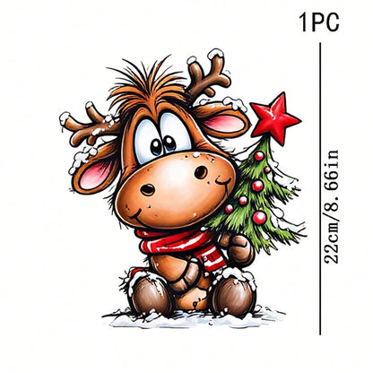 1/2/3PCS Durable Washable Heat Transfer Vinyl, Christmas Cartoon Red Scarf Reindeer Holding Christmas Tree Snow Scene Pattern, Heat Transfer Stickers, Iron-On Transfer Decals- Suitable For Pillows, D