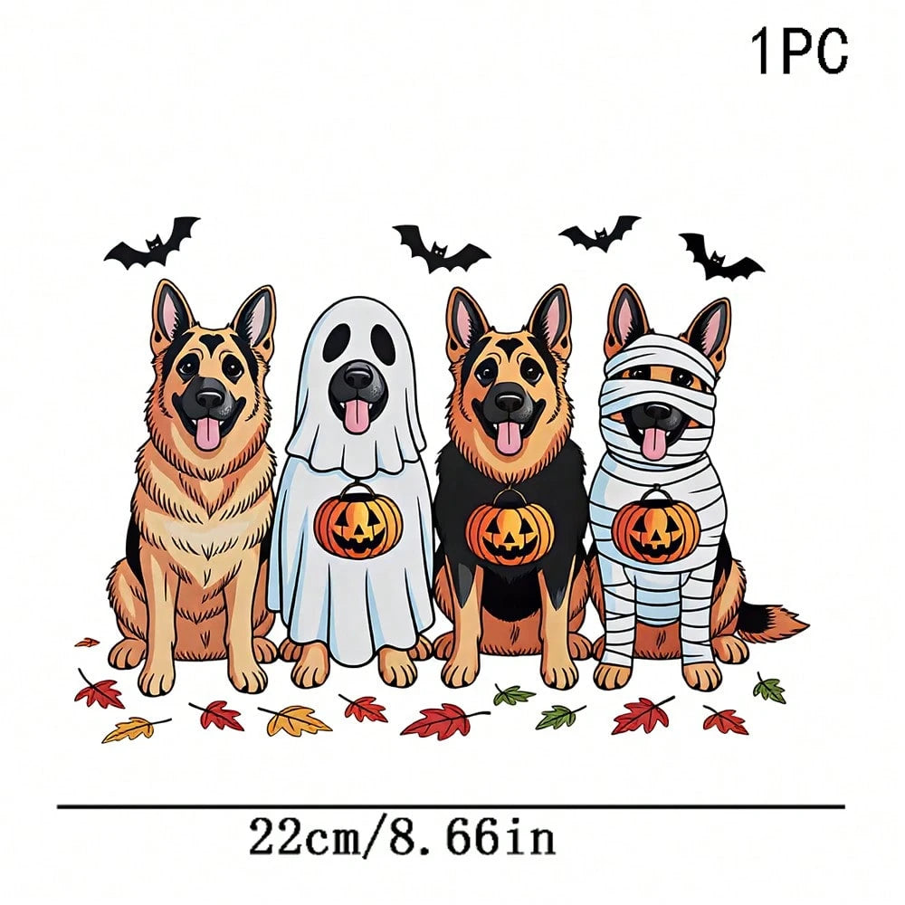 1/2/3PCS Durable Washable Heat Transfer Vinyl, 4 Styles German Shepherd Ghost Bandage Pumpkin Bat Autumn Leaf Halloween Cartoon Pattern, Heat Transfer Stickers, Iron-On Transfer Decals- Suitable For