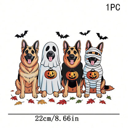 1/2/3PCS Durable Washable Heat Transfer Vinyl, 4 Styles German Shepherd Ghost Bandage Pumpkin Bat Autumn Leaf Halloween Cartoon Pattern, Heat Transfer Stickers, Iron-On Transfer Decals- Suitable For