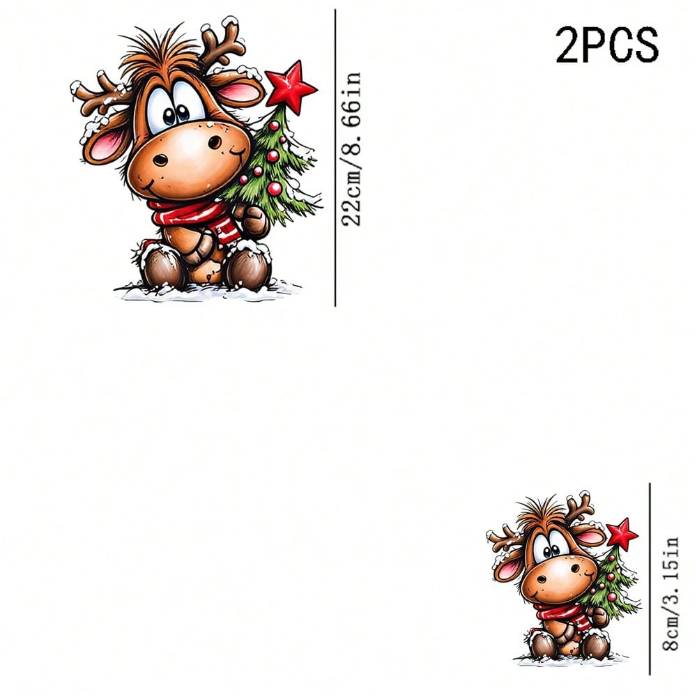 1/2/3PCS Durable Washable Heat Transfer Vinyl, Christmas Cartoon Red Scarf Reindeer Holding Christmas Tree Snow Scene Pattern, Heat Transfer Stickers, Iron-On Transfer Decals- Suitable For Pillows, D