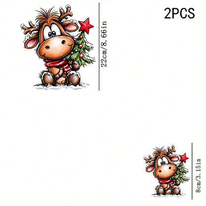 1/2/3PCS Durable Washable Heat Transfer Vinyl, Christmas Cartoon Red Scarf Reindeer Holding Christmas Tree Snow Scene Pattern, Heat Transfer Stickers, Iron-On Transfer Decals- Suitable For Pillows, D
