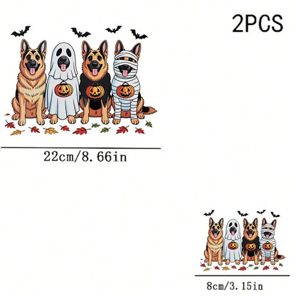 1/2/3PCS Durable Washable Heat Transfer Vinyl, 4 Styles German Shepherd Ghost Bandage Pumpkin Bat Autumn Leaf Halloween Cartoon Pattern, Heat Transfer Stickers, Iron-On Transfer Decals- Suitable For