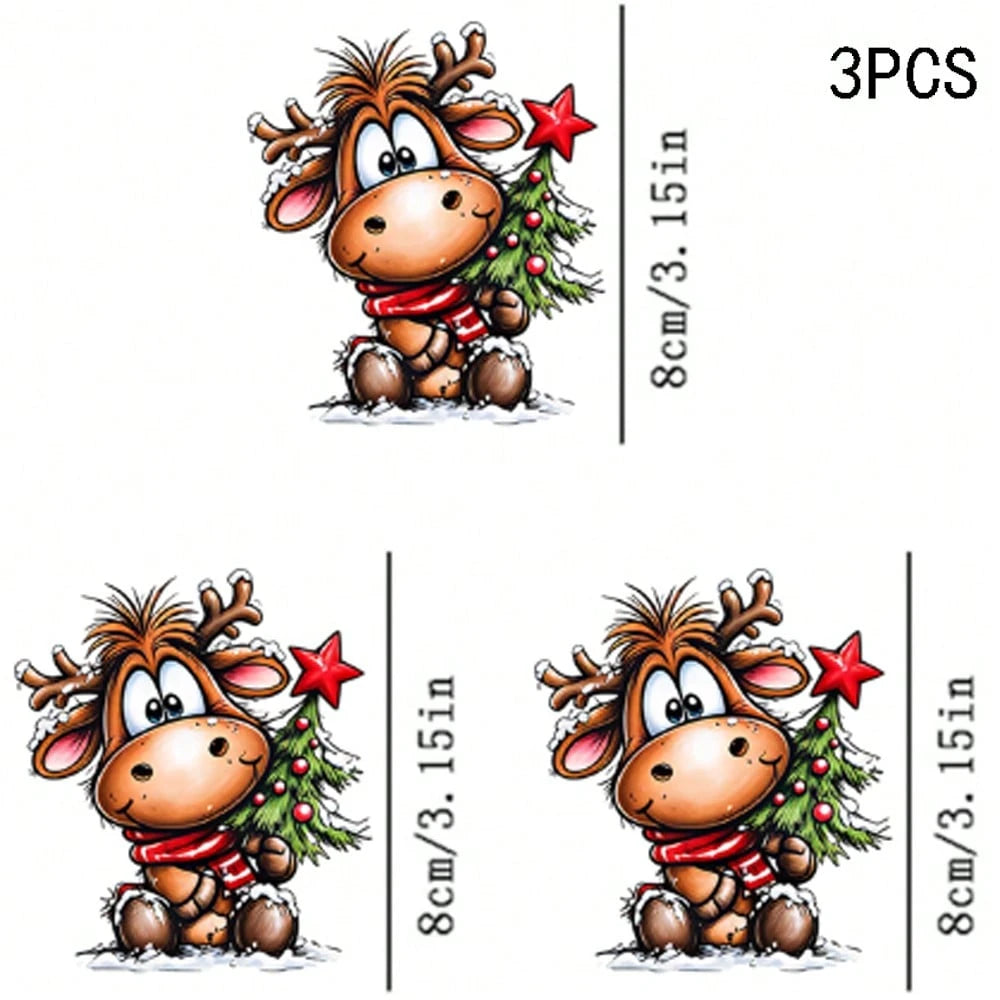 1/2/3PCS Durable Washable Heat Transfer Vinyl, Christmas Cartoon Red Scarf Reindeer Holding Christmas Tree Snow Scene Pattern, Heat Transfer Stickers, Iron-On Transfer Decals- Suitable For Pillows, D