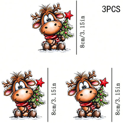 1/2/3PCS Durable Washable Heat Transfer Vinyl, Christmas Cartoon Red Scarf Reindeer Holding Christmas Tree Snow Scene Pattern, Heat Transfer Stickers, Iron-On Transfer Decals- Suitable For Pillows, D