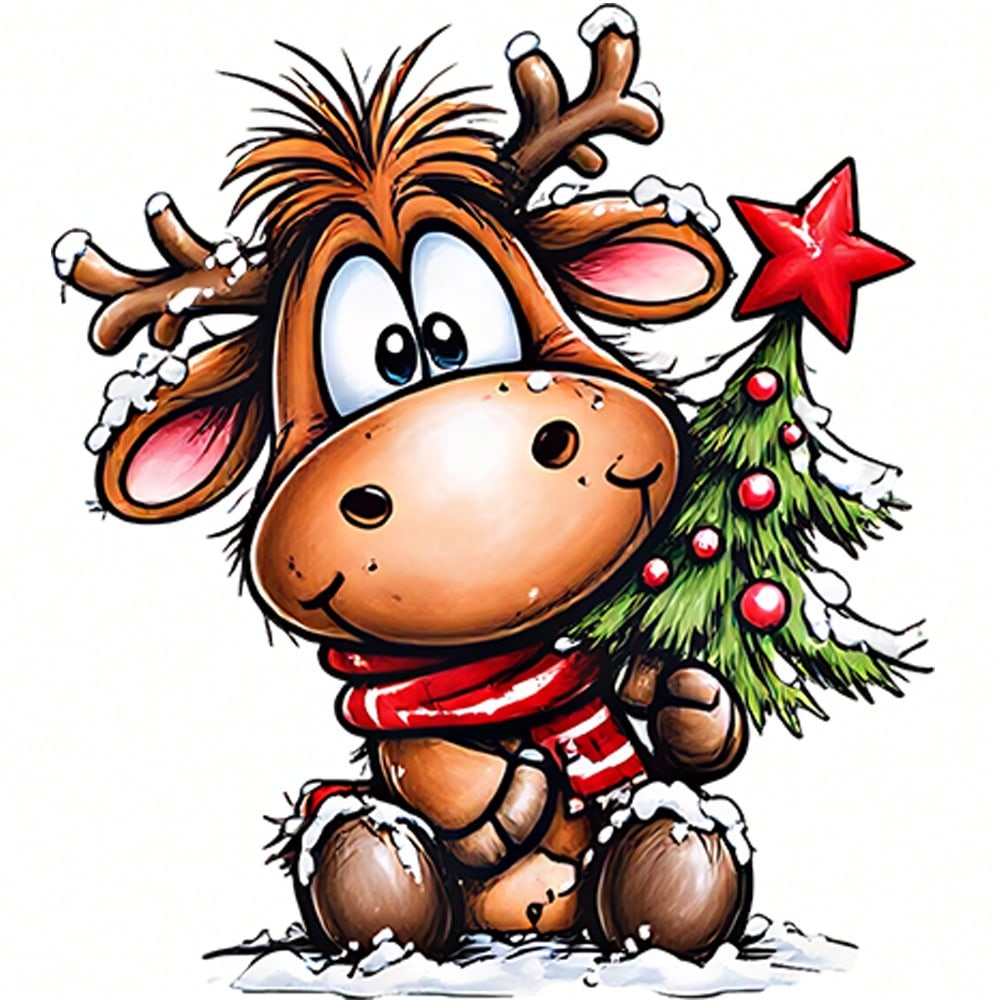 1/2/3PCS Durable Washable Heat Transfer Vinyl, Christmas Cartoon Red Scarf Reindeer Holding Christmas Tree Snow Scene Pattern, Heat Transfer Stickers, Iron-On Transfer Decals- Suitable For Pillows, D