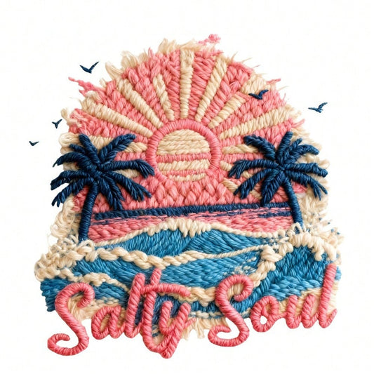 1/2/3pcs Embroidered "Salty Soul" Beach Coconut Tree Sunset Heat Transfer Stickers, Retro American DIY Iron-On Patches For T-Shirt, T-Shirt, Canvas Bag, Hat, Pillow