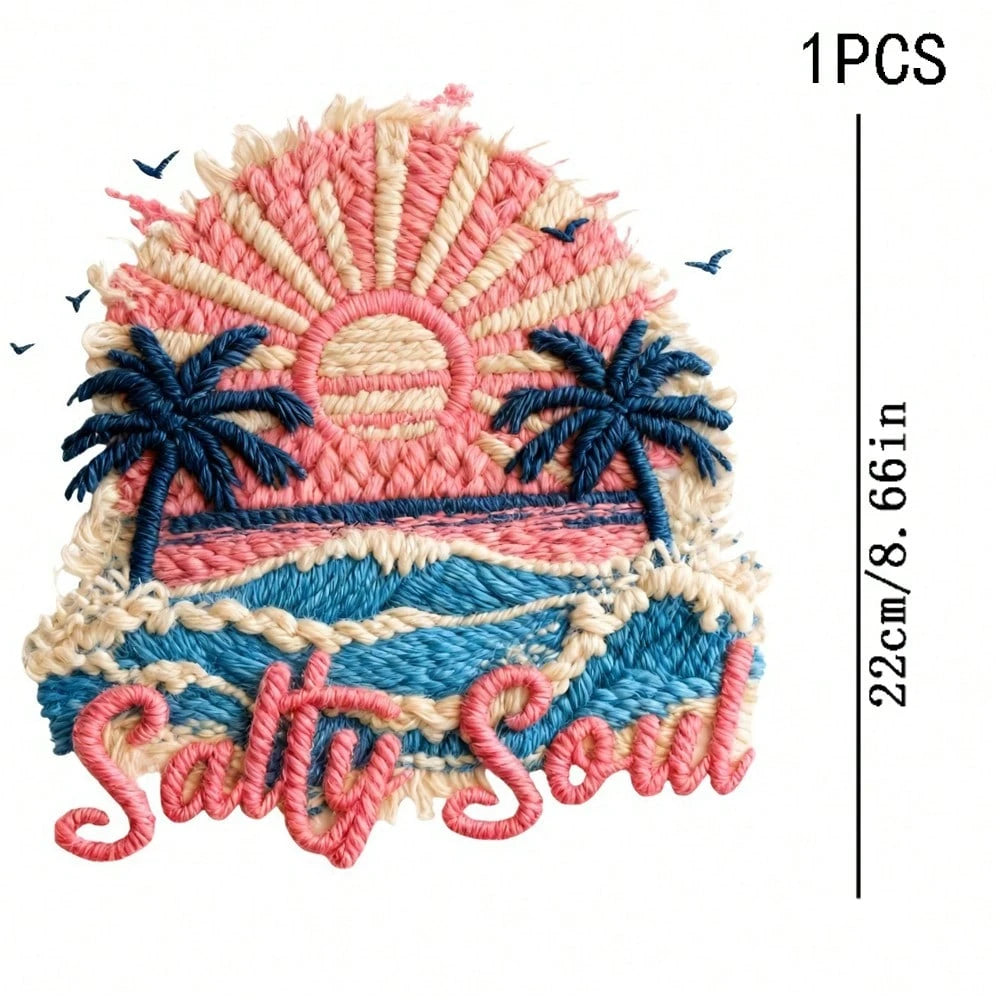 1/2/3pcs Embroidered "Salty Soul" Beach Coconut Tree Sunset Heat Transfer Stickers, Retro American DIY Iron-On Patches For T-Shirt, T-Shirt, Canvas Bag, Hat, Pillow
