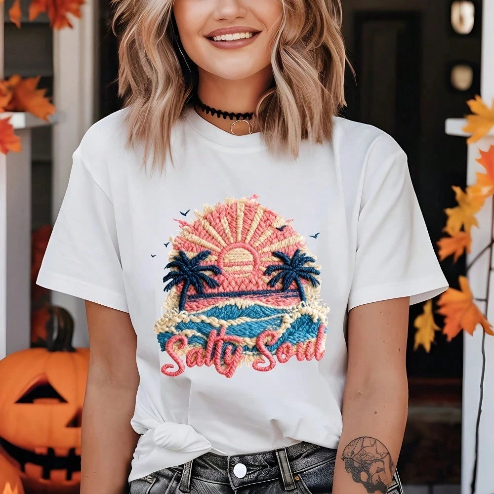 1/2/3pcs Embroidered "Salty Soul" Beach Coconut Tree Sunset Heat Transfer Stickers, Retro American DIY Iron-On Patches For T-Shirt, T-Shirt, Canvas Bag, Hat, Pillow