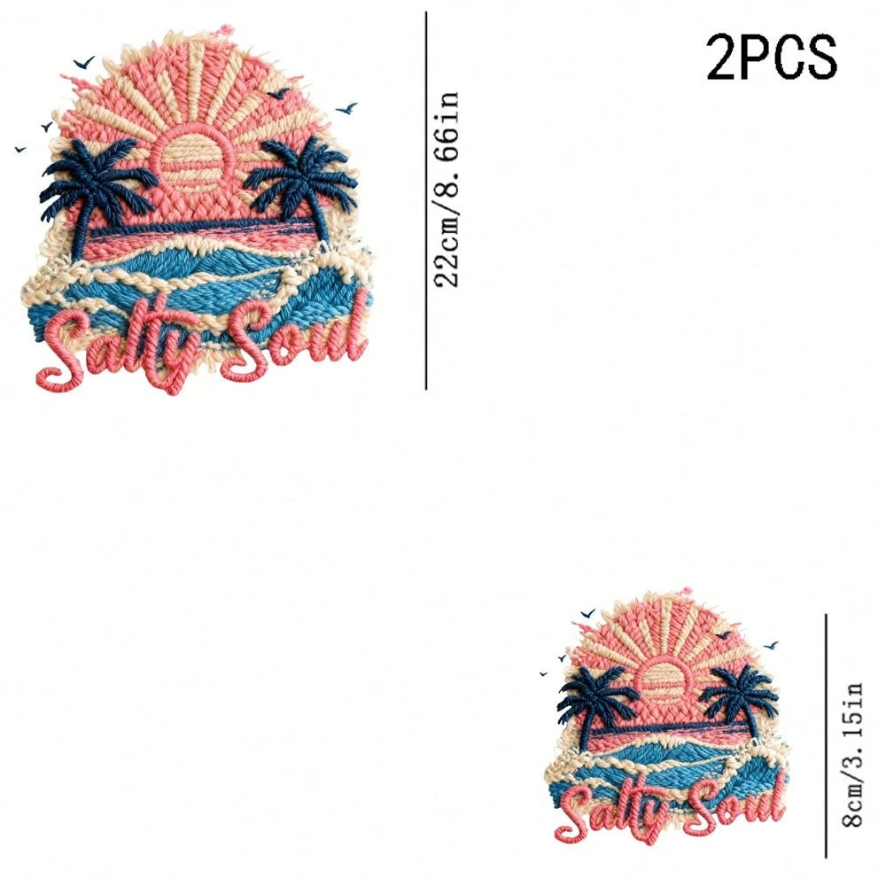 1/2/3pcs Embroidered "Salty Soul" Beach Coconut Tree Sunset Heat Transfer Stickers, Retro American DIY Iron-On Patches For T-Shirt, T-Shirt, Canvas Bag, Hat, Pillow