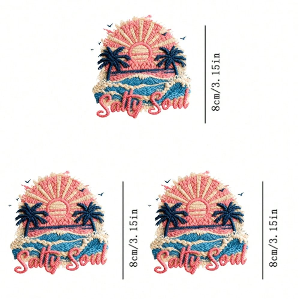 1/2/3pcs Embroidered "Salty Soul" Beach Coconut Tree Sunset Heat Transfer Stickers, Retro American DIY Iron-On Patches For T-Shirt, T-Shirt, Canvas Bag, Hat, Pillow