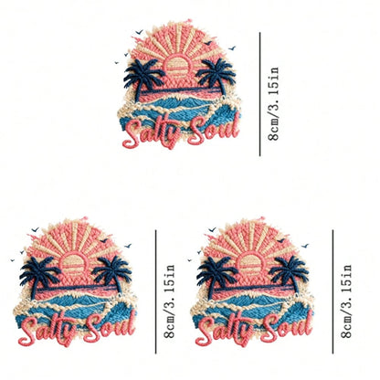 1/2/3pcs Embroidered "Salty Soul" Beach Coconut Tree Sunset Heat Transfer Stickers, Retro American DIY Iron-On Patches For T-Shirt, T-Shirt, Canvas Bag, Hat, Pillow