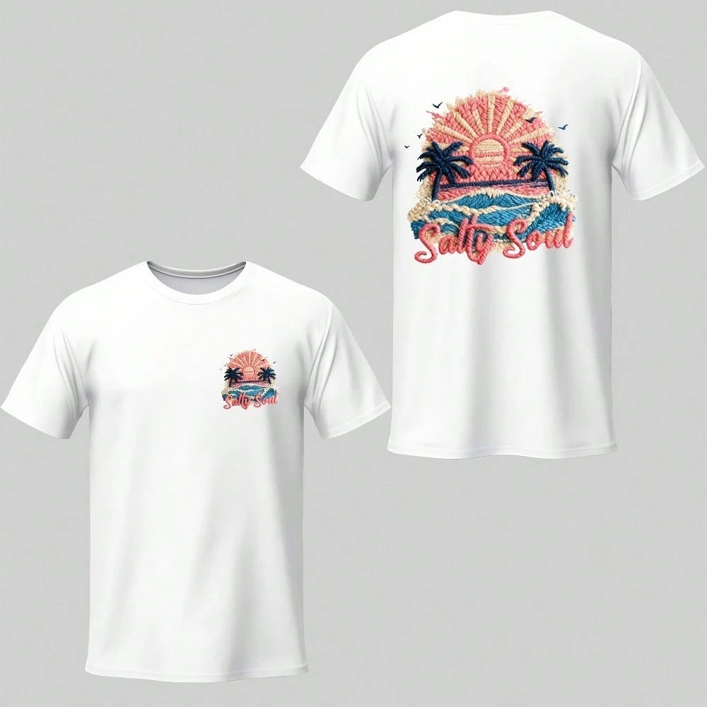 1/2/3pcs Embroidered "Salty Soul" Beach Coconut Tree Sunset Heat Transfer Stickers, Retro American DIY Iron-On Patches For T-Shirt, T-Shirt, Canvas Bag, Hat, Pillow