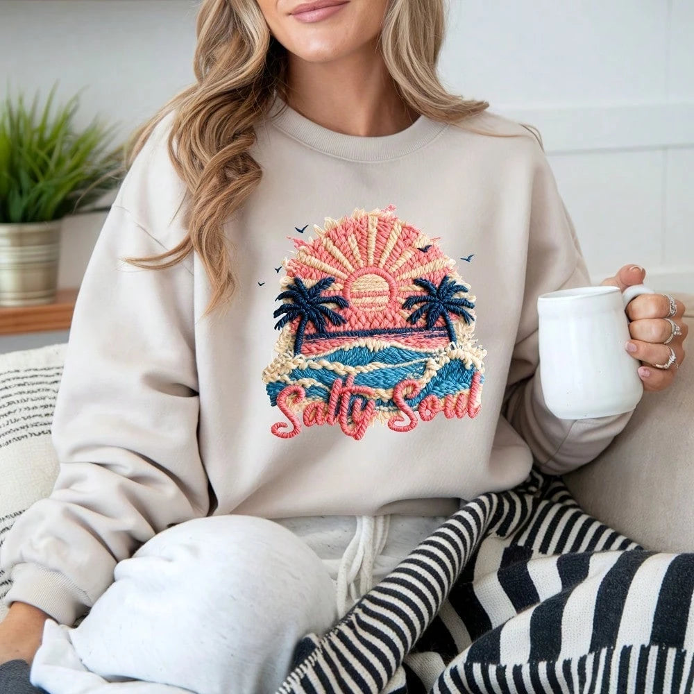 1/2/3pcs Embroidered "Salty Soul" Beach Coconut Tree Sunset Heat Transfer Stickers, Retro American DIY Iron-On Patches For T-Shirt, T-Shirt, Canvas Bag, Hat, Pillow