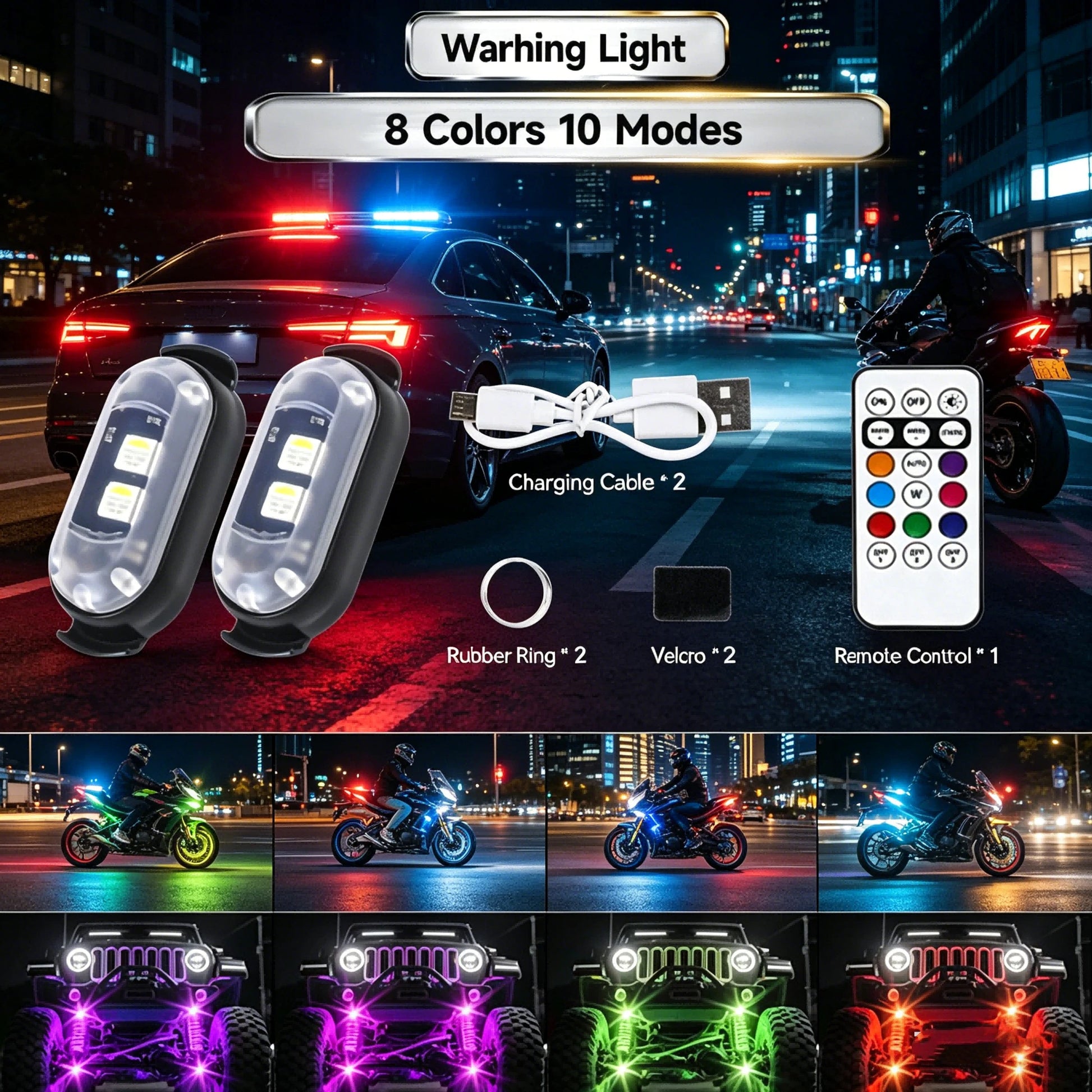 1/2/4-LED Lights, 8-Color USB-Rechargeable High-Brightness LED Lights, Small Motorcycle Lights Suitable For Car, Drone, And Bicycle Riders.