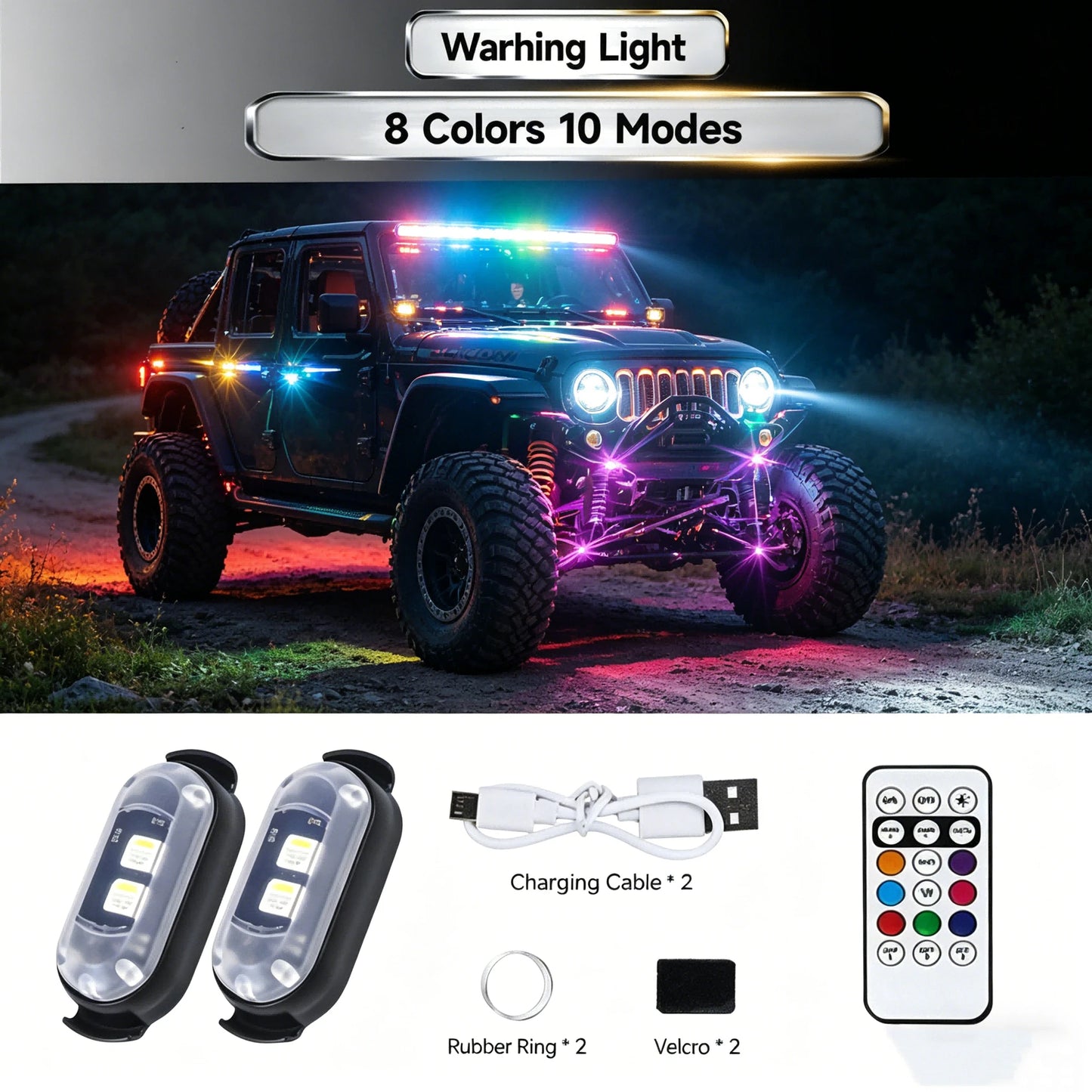 1/2/4-LED Lights, 8-Color USB-Rechargeable High-Brightness LED Lights, Small Motorcycle Lights Suitable For Car, Drone, And Bicycle Riders.
