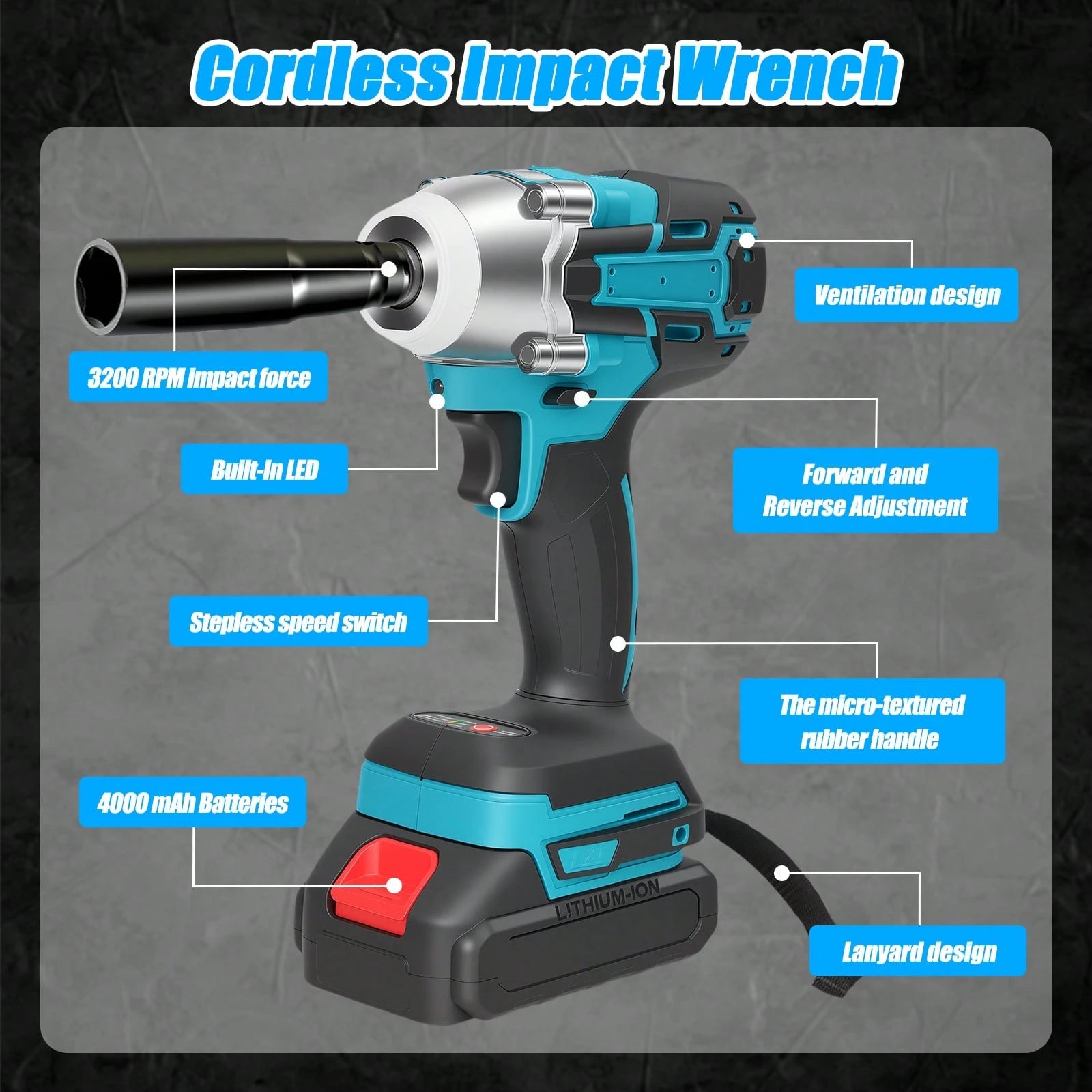 1/2" Cordless Brushless Impact Wrench, 600N.M Max Torque 3200RPM Impact Gun With 2 X 3.0Ah Batteries, Variable Speed Control & LED Work Light, Heavy-Duty Power Tool For Car, Construction, DIY