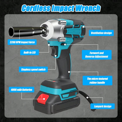 1/2" Cordless Brushless Impact Wrench, 600N.M Max Torque 3200RPM Impact Gun With 2 X 3.0Ah Batteries, Variable Speed Control & LED Work Light, Heavy-Duty Power Tool For Car, Construction, DIY