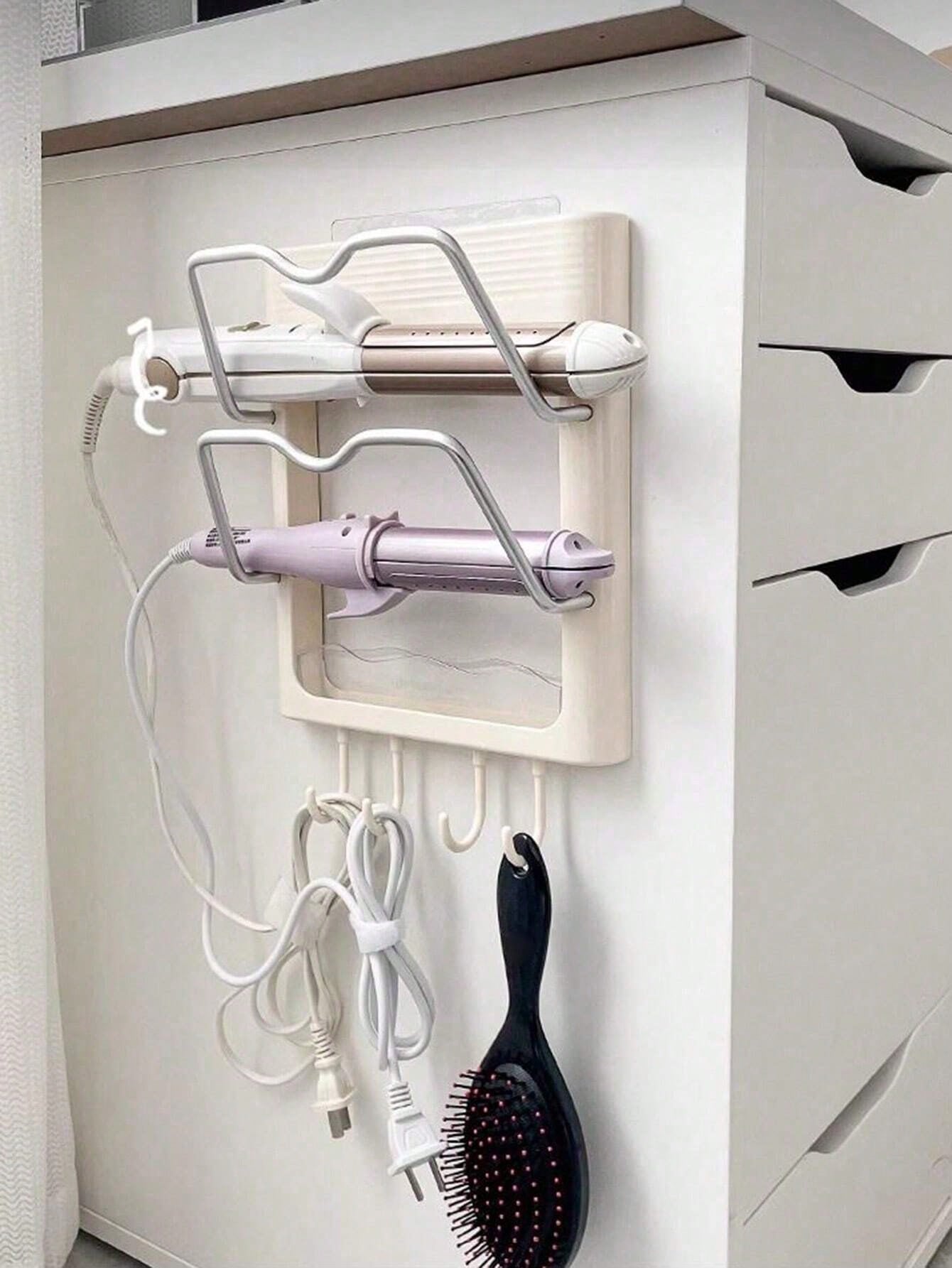 1-2pcs No-Drill Wall-Mounted Storage Rack, Curling Iron Holder, Suitable For Bathroom And Bedroom, Includes Curling Iron Holder, Heat-Insulating Plate, Bathroom Accessories And Indoor Decor Curling Ir