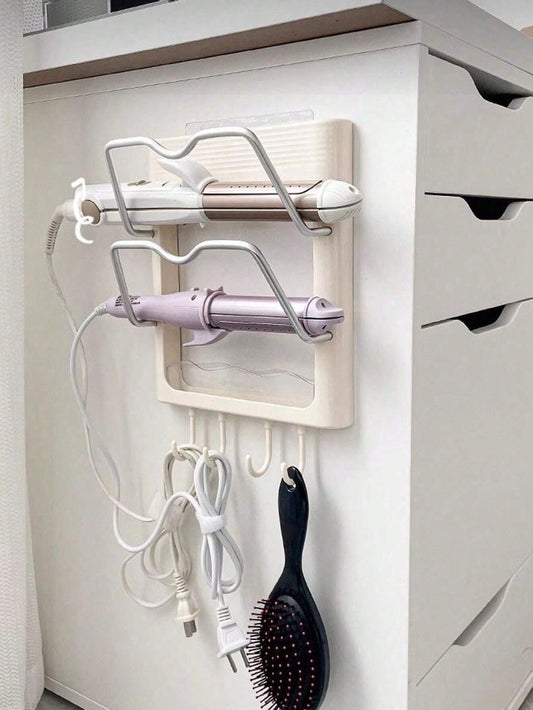 1-2pcs No-Drill Wall-Mounted Storage Rack, Curling Iron Holder, Suitable For Bathroom And Bedroom, Includes Curling Iron Holder, Heat-Insulating Plate, Bathroom Accessories And Indoor Decor Curling Ir