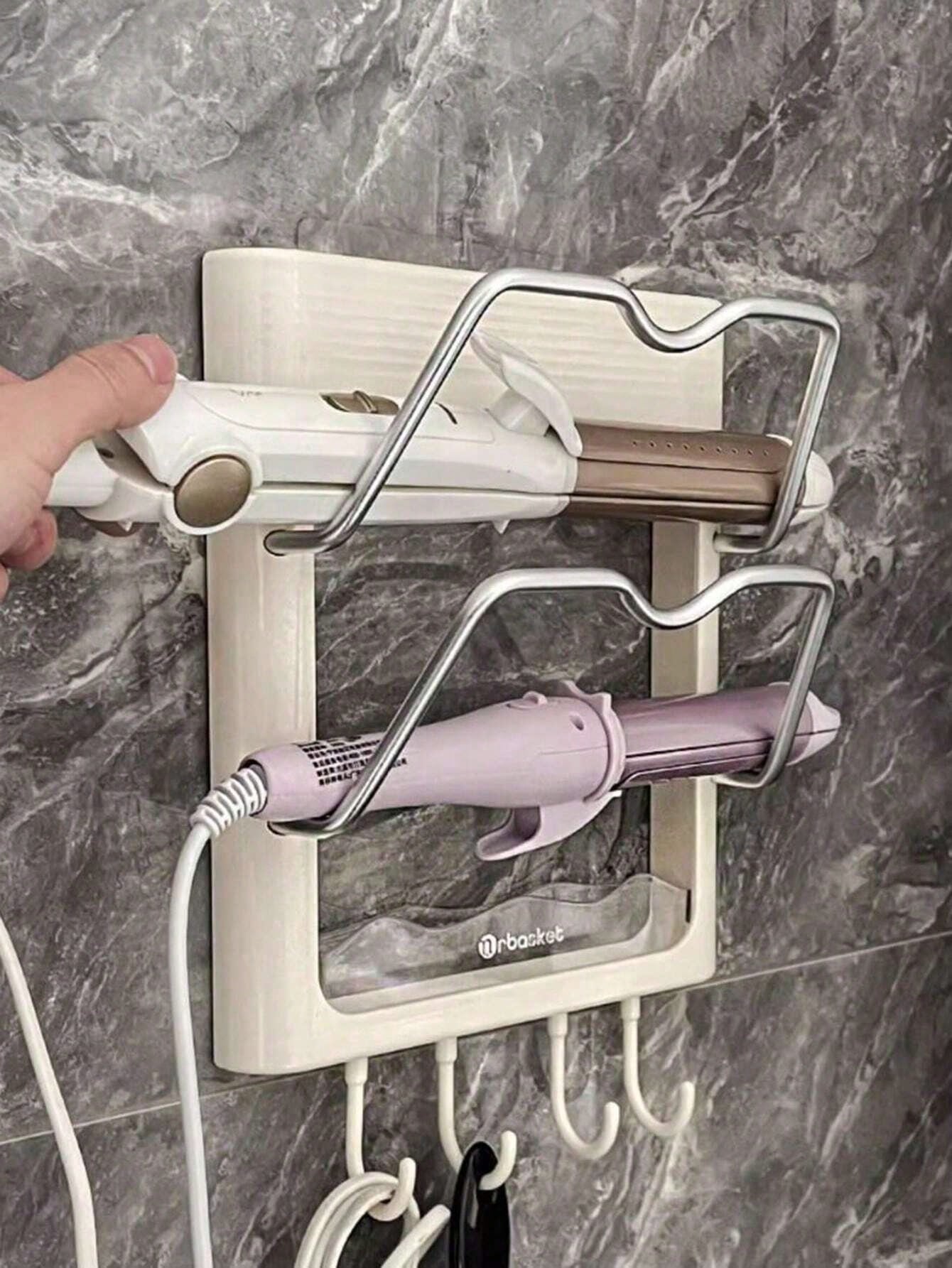 1-2pcs No-Drill Wall-Mounted Storage Rack, Curling Iron Holder, Suitable For Bathroom And Bedroom, Includes Curling Iron Holder, Heat-Insulating Plate, Bathroom Accessories And Indoor Decor Curling Ir