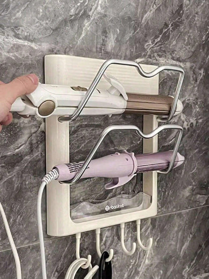 1-2pcs No-Drill Wall-Mounted Storage Rack, Curling Iron Holder, Suitable For Bathroom And Bedroom, Includes Curling Iron Holder, Heat-Insulating Plate, Bathroom Accessories And Indoor Decor Curling Ir