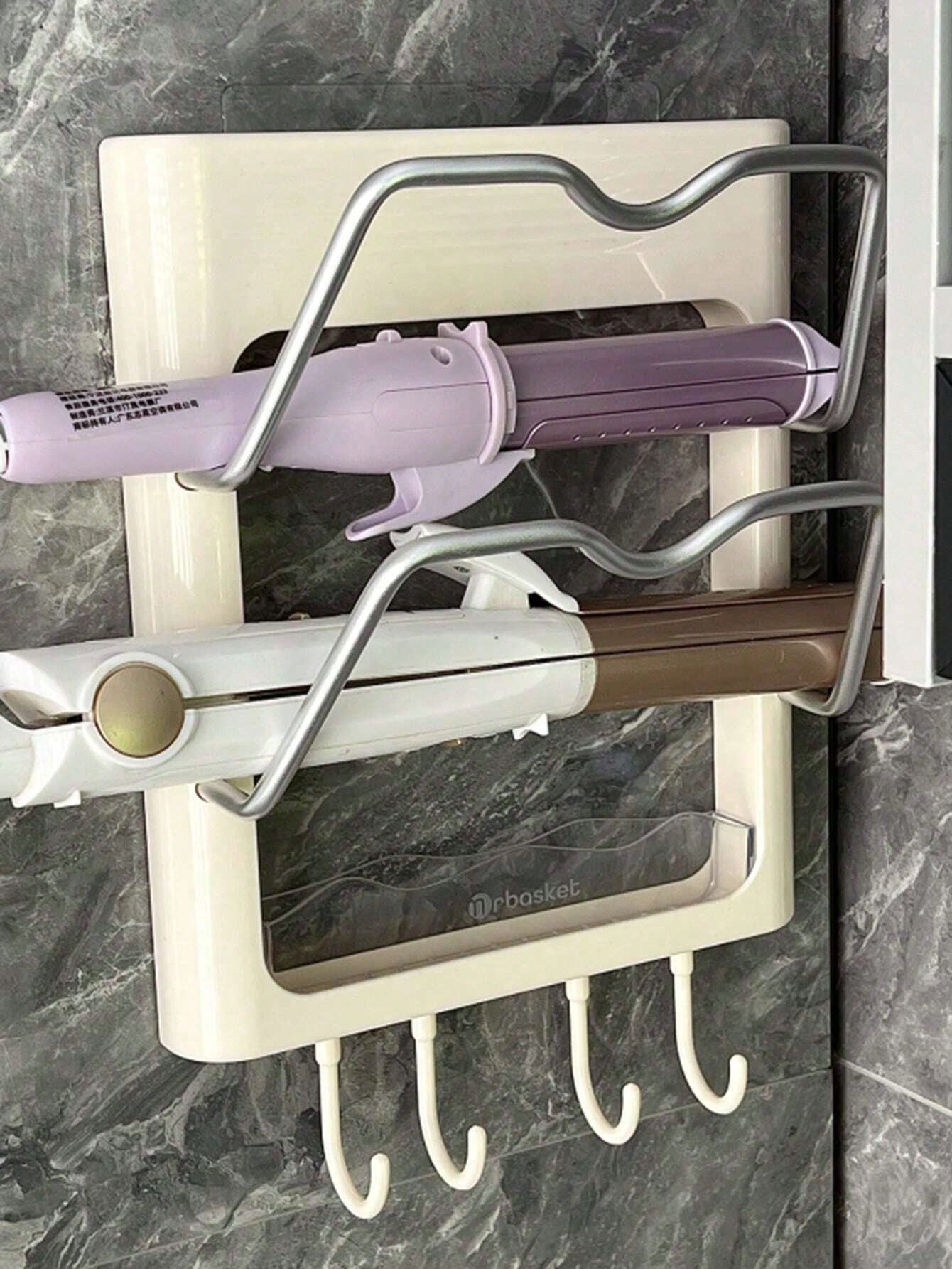 1-2pcs No-Drill Wall-Mounted Storage Rack, Curling Iron Holder, Suitable For Bathroom And Bedroom, Includes Curling Iron Holder, Heat-Insulating Plate, Bathroom Accessories And Indoor Decor Curling Ir