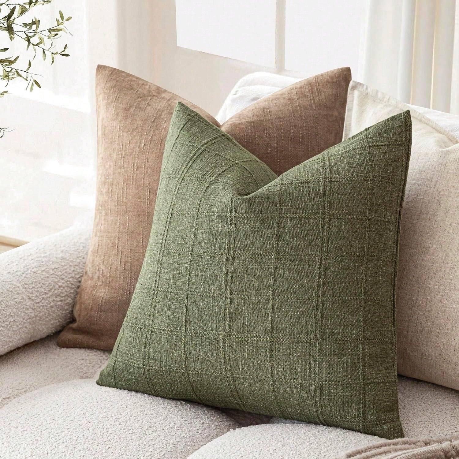 1/2pcs Sage Green (Without Filler) Classic Plaid Throw Pillow Cover, Fashionable Minimalist 3D Grid Style Vintage Texture Cushion Cover, Suitable For Home Sofa, Bedroom, Decor, Gift, Party, All Season