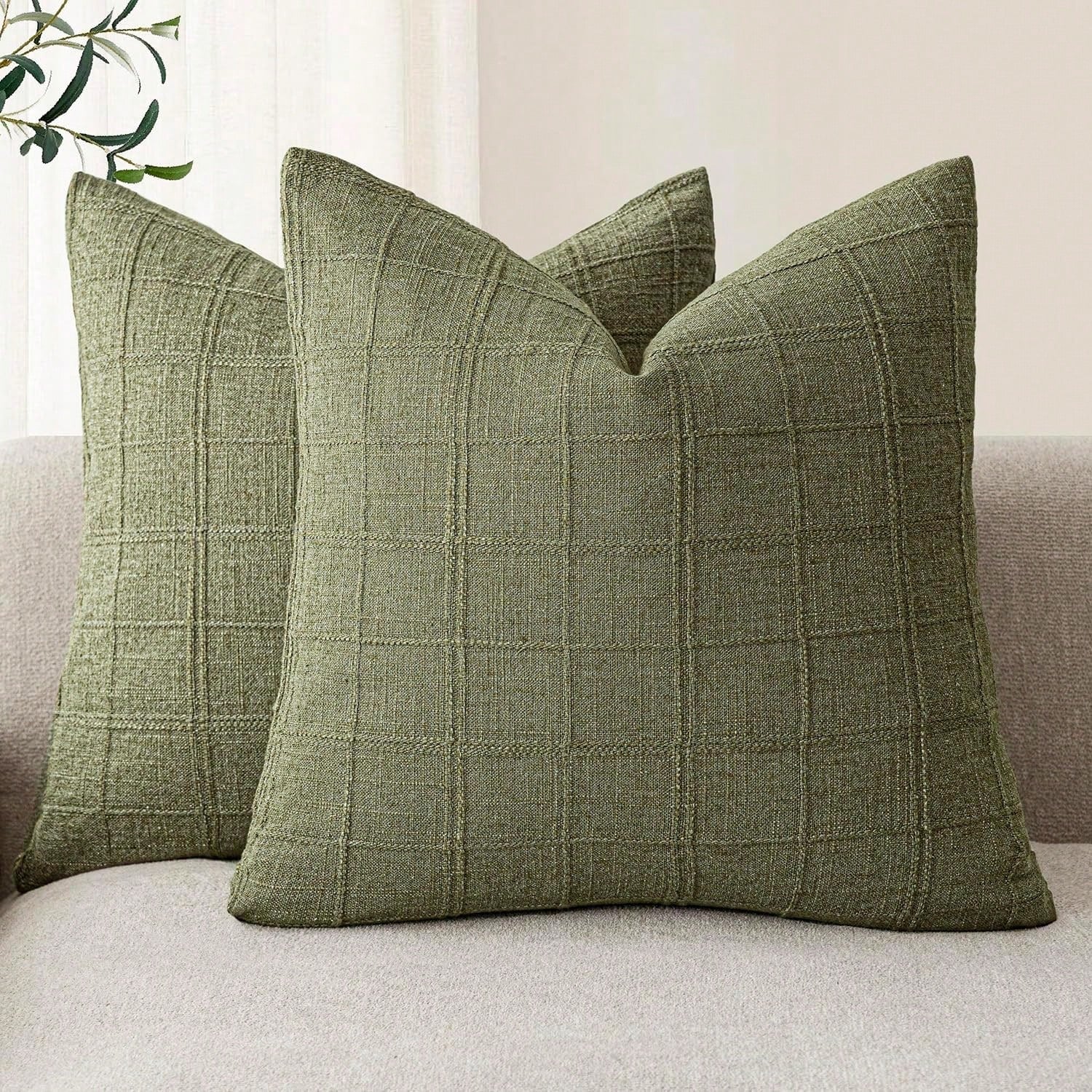 1/2pcs Sage Green (Without Filler) Classic Plaid Throw Pillow Cover, Fashionable Minimalist 3D Grid Style Vintage Texture Cushion Cover, Suitable For Home Sofa, Bedroom, Decor, Gift, Party, All Season