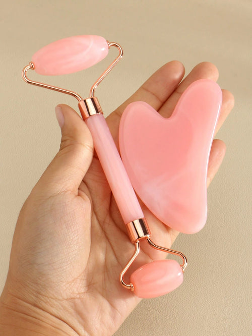 1/2pcs/Set Face Beauty Gua Sha Massage Tools Set, Non-Crystal ABS Resin Material Pink Roller Massage Body Scraper Tool Set, Body Meridian Unblocking Facial Beauty Tools, Suitable For Women, Students