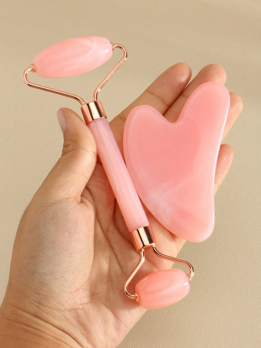 1/2pcs/Set Face Beauty Gua Sha Massage Tools Set, Non-Crystal ABS Resin Material Pink Roller Massage Body Scraper Tool Set, Body Meridian Unblocking Facial Beauty Tools, Suitable For Women, Students