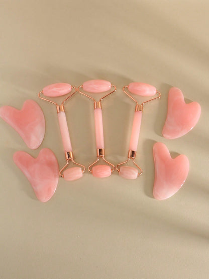 1/2pcs/Set Face Beauty Gua Sha Massage Tools Set, Non-Crystal ABS Resin Material Pink Roller Massage Body Scraper Tool Set, Body Meridian Unblocking Facial Beauty Tools, Suitable For Women, Students