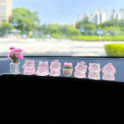 1/6/7/8pcs Cute Pig Car Decor, Adorable Cartoon Animal Resin Figurines, Stress Relief Healing Style, Dashboard, Rearview Mirror, Desktop Ornaments, Pink Women's Car Accessories, Garden Pot Decor, Holi